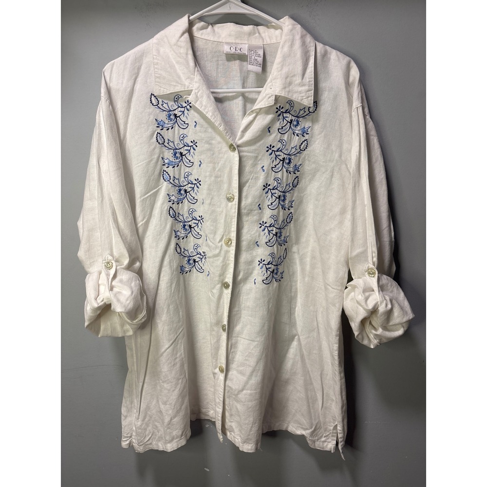 Vintage White Linen Blend Floral Embroidered Button Down Shirt Cottagecore Large